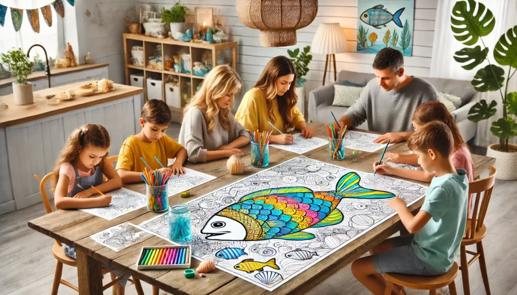 Dall·e 2024 11 15 13 47 27 family activity a fish themed coloring page on a large kitchen table with family members gathered around, each working on different sections of the p