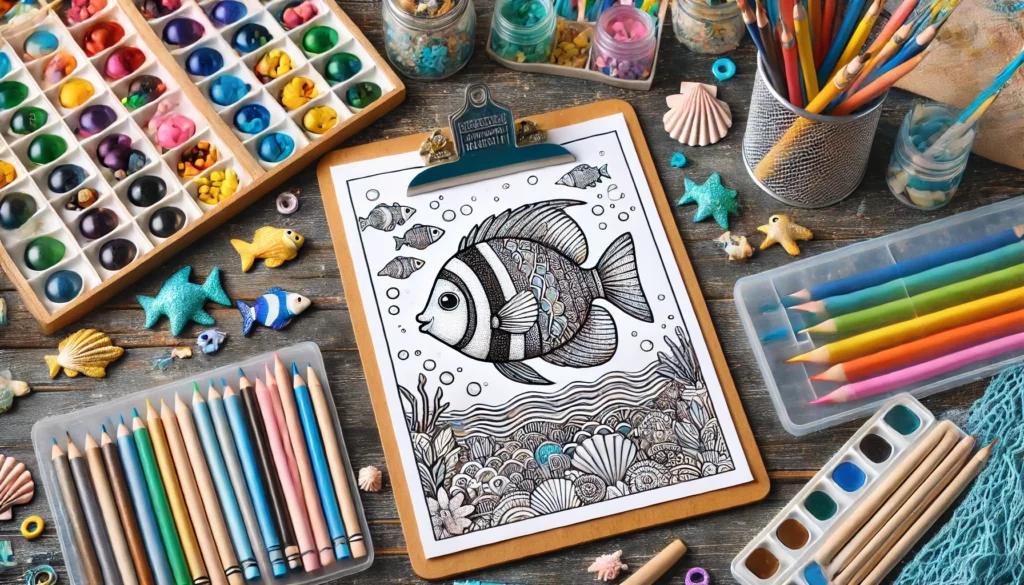 Dall·e 2024 11 15 13 47 30 art station a fish themed coloring page centered on a clipboard surrounded by art supplies like crayons, colored pencils, and brushes on a table the