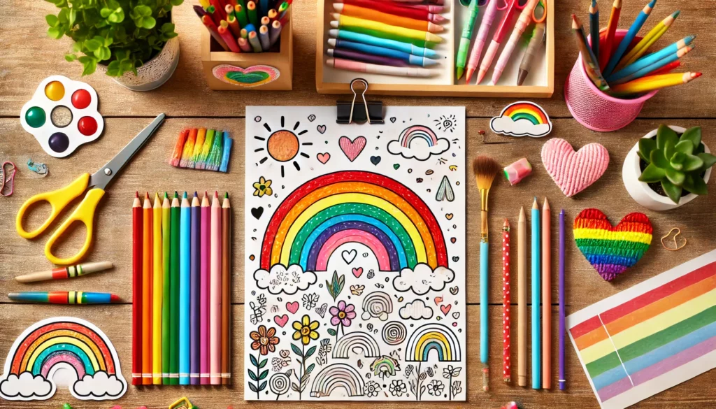 Dall·e 2024 11 15 13 52 16 creative desk setup a rainbow themed coloring page centered on a child’s desk, surrounded by colored pencils, markers, and crayons in vibrant rainbow