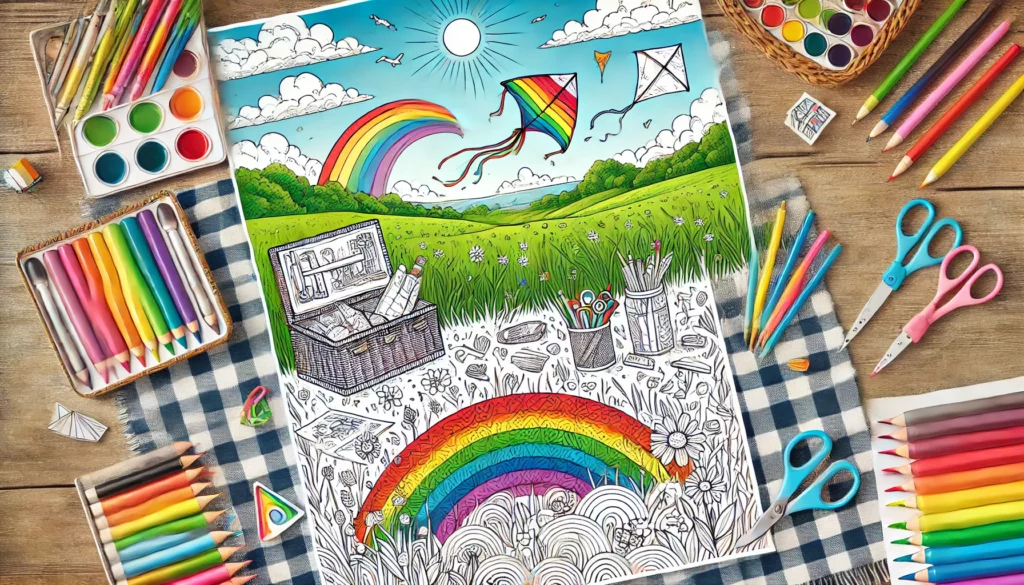 Dall·e 2024 11 15 14 04 03 outdoor picnic a partially colored rainbow themed coloring page spread out on a picnic blanket under a sunny sky the background features grassy fiel