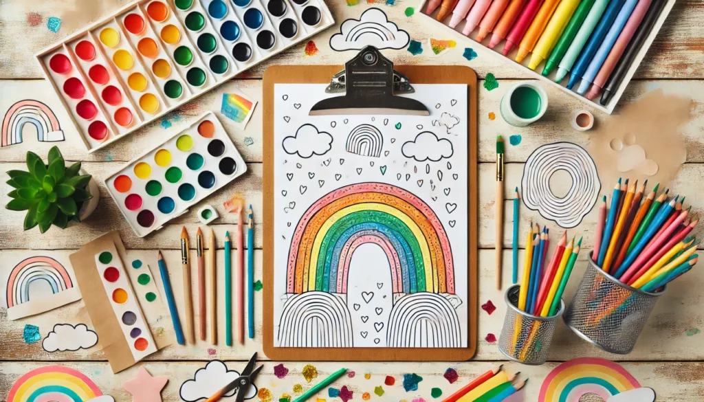 Dall·e 2024 11 15 14 04 09 art station a rainbow themed coloring page centered on a clipboard surrounded by art supplies like crayons, colored pencils, and paints the backgrou