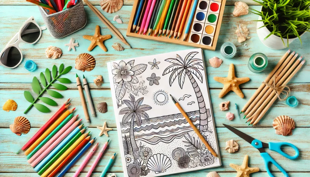 Dall·e 2024 11 15 14 45 18 creative desk setup a beach themed coloring page centered on a child’s desk, surrounded by colored pencils, markers, and crayons the background incl