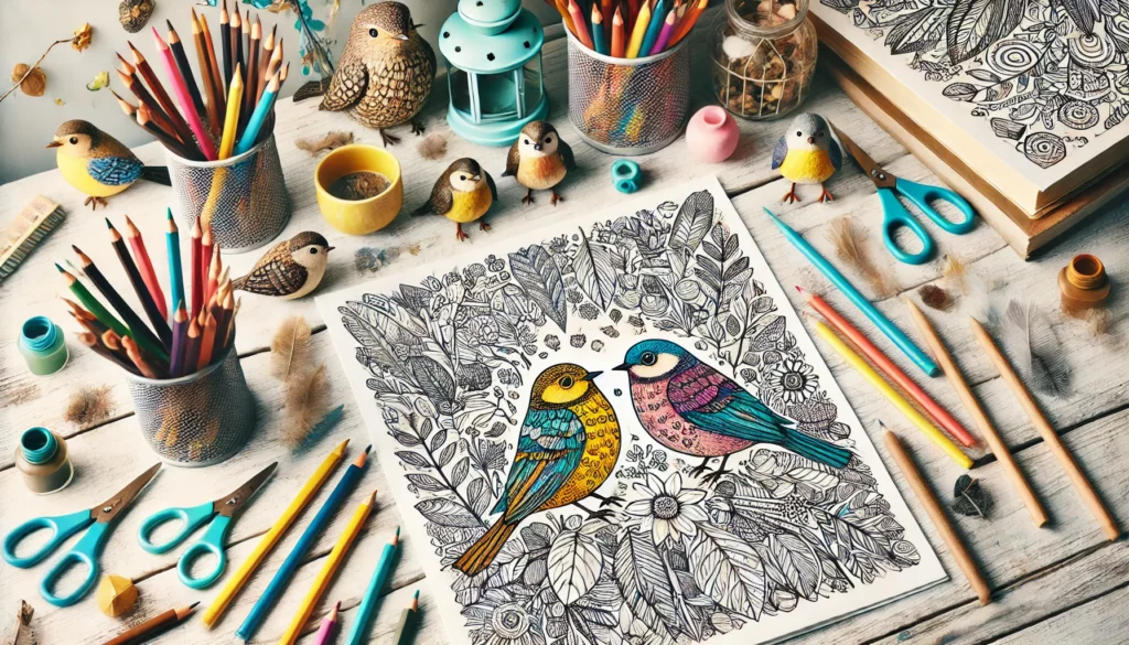 Dall·e 2024 11 15 15 01 58 creative desk setup a bird themed coloring page centered on a child’s desk, surrounded by colored pencils, markers, and crayons the background inclu