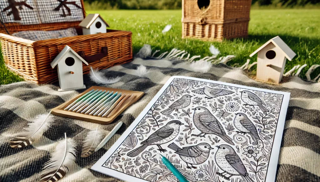 Dall·e 2024 11 15 15 02 02 outdoor picnic a partially colored bird themed coloring page spread out on a picnic blanket during a sunny day the background includes grassy fields