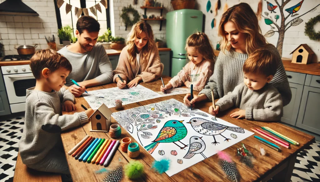 Dall·e 2024 11 15 15 02 04 family activity a bird themed coloring page on a large kitchen table with family members gathered around, each adding colorful designs to the page t