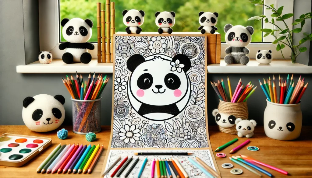 Creative desk setup a panda themed coloring page centered on a child’s desk, surrounded by colored pencils, markers, and crayons the background incl