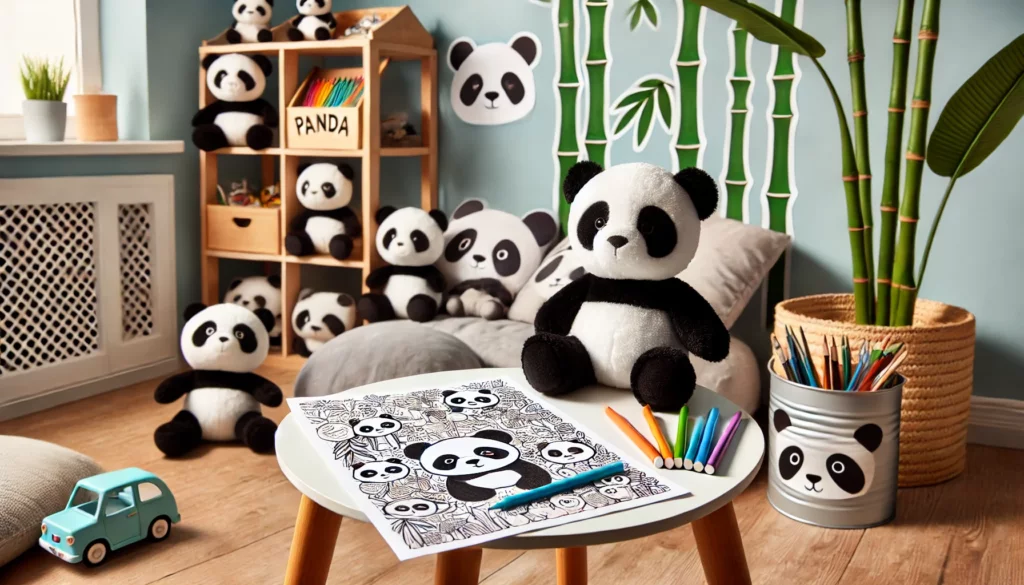 Playroom fun a panda themed coloring page resting on a small table in a playroom, surrounded by toys like plush pandas, bamboo decorations, and panda