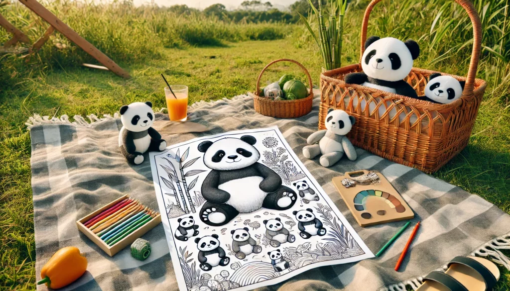 Outdoor picnic a partially colored panda themed coloring page spread out on a picnic blanket during a sunny day the background includes grassy field