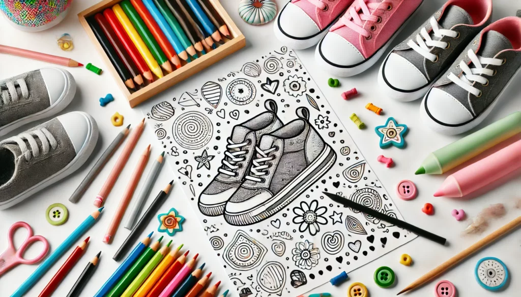 Dall·e 2024 11 18 15 09 25 creative desk setup a shoe themed coloring page centered on a child’s desk, surrounded by colored pencils, markers, and crayons the background inclu