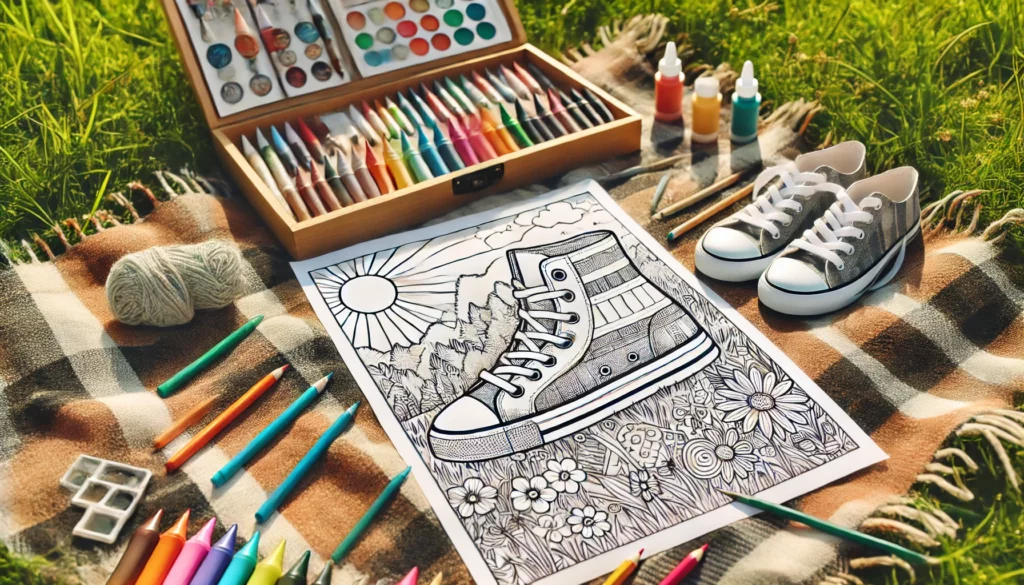 Dall·e 2024 11 18 15 09 28 outdoor picnic a partially colored shoe themed coloring page spread out on a picnic blanket during a sunny day the background includes grassy fields