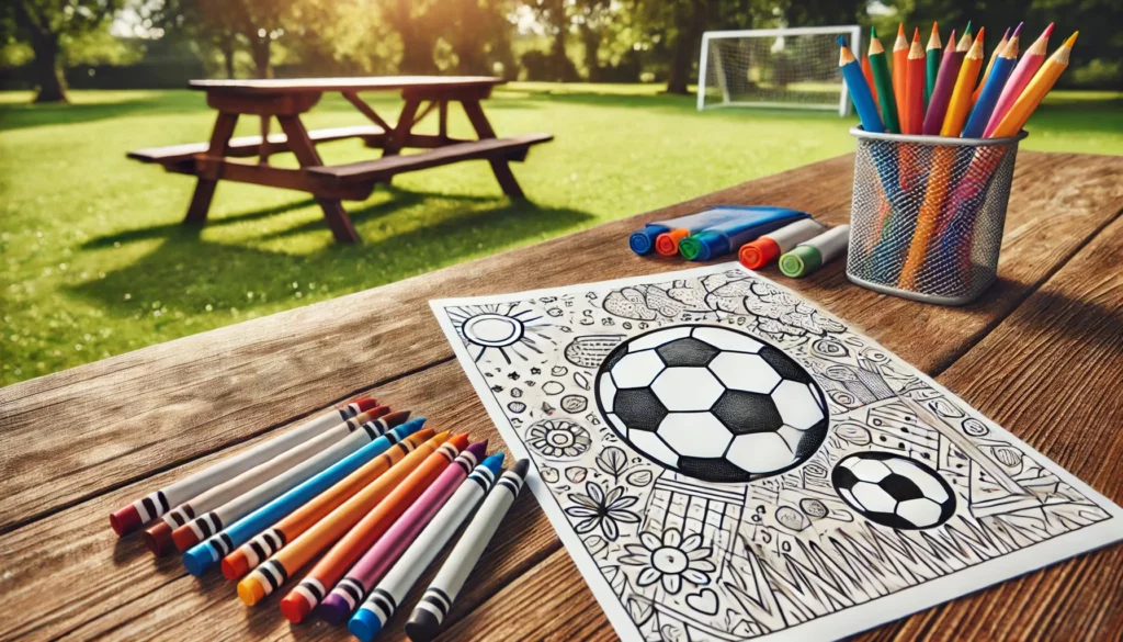 Dall·e 2024 11 20 19 43 36 outdoor adventure a soccer themed coloring page lying on a picnic table in a park the scene includes crayons, markers, and a soccer ball in the back