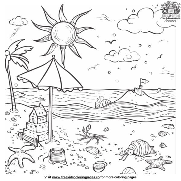 Sea creatures at beach coloring pages