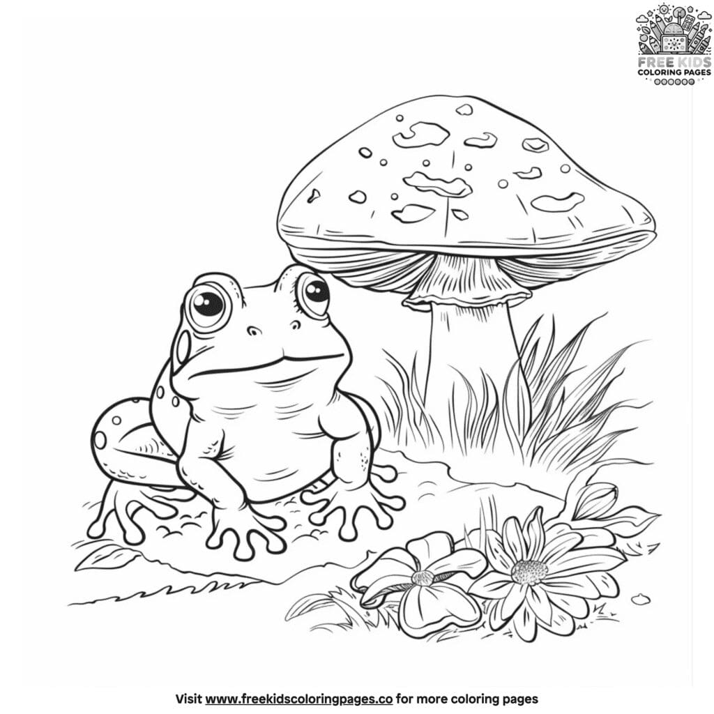 Fun frog and mushroom coloring pages