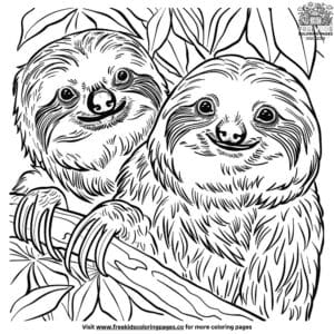 Sloth Family Relaxing on Tree Branches Coloring Pages