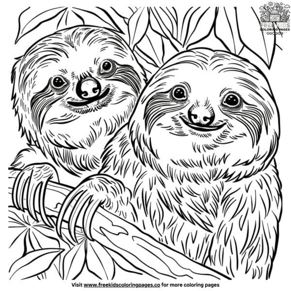 Sloth family relaxing on tree branches coloring pages