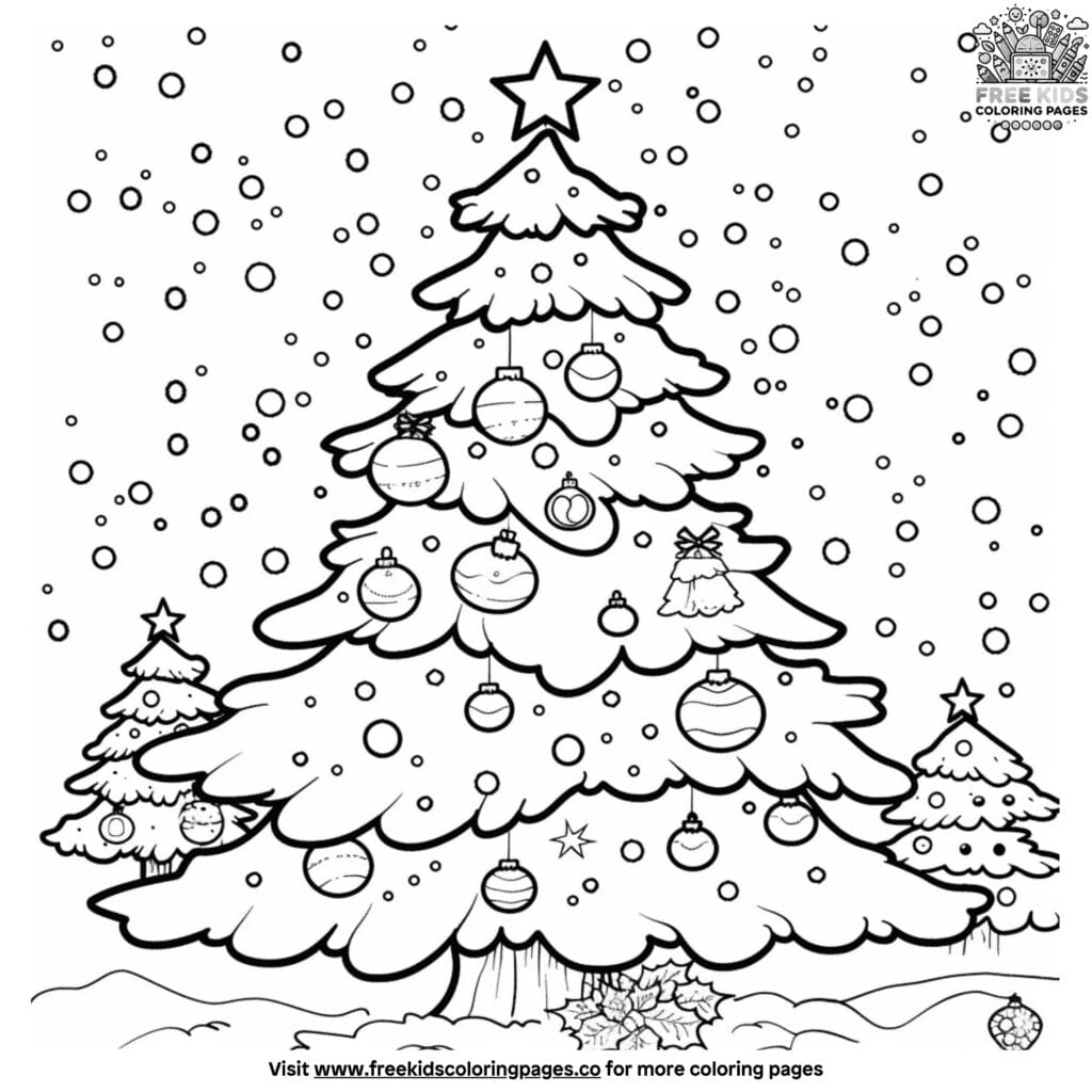 Joyful snowy christmas tree scene coloring page collection