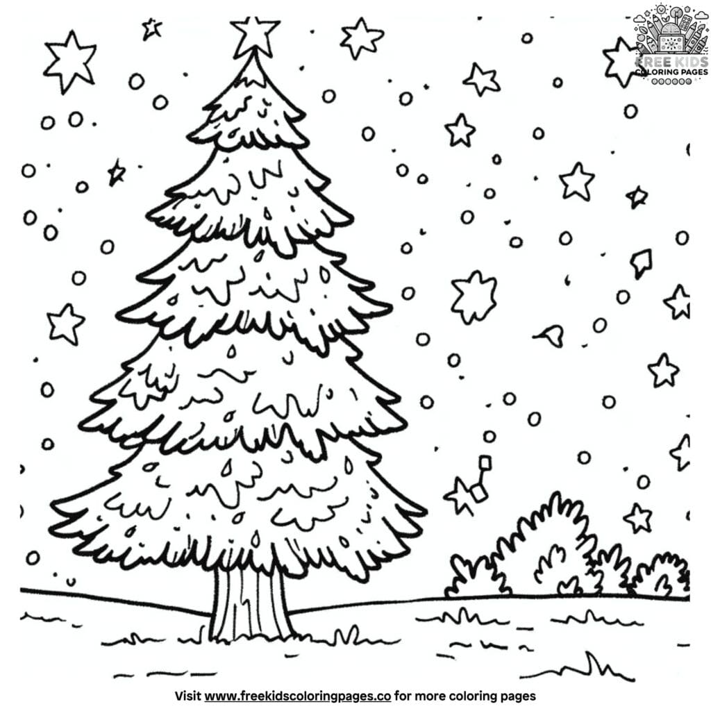 Magical christmas tree under the stars coloring page