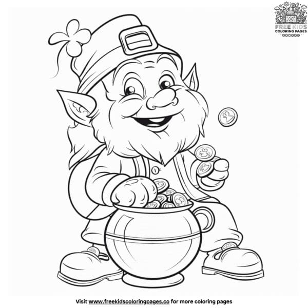 Mischievous leprechaun and pot of gold coloring pages