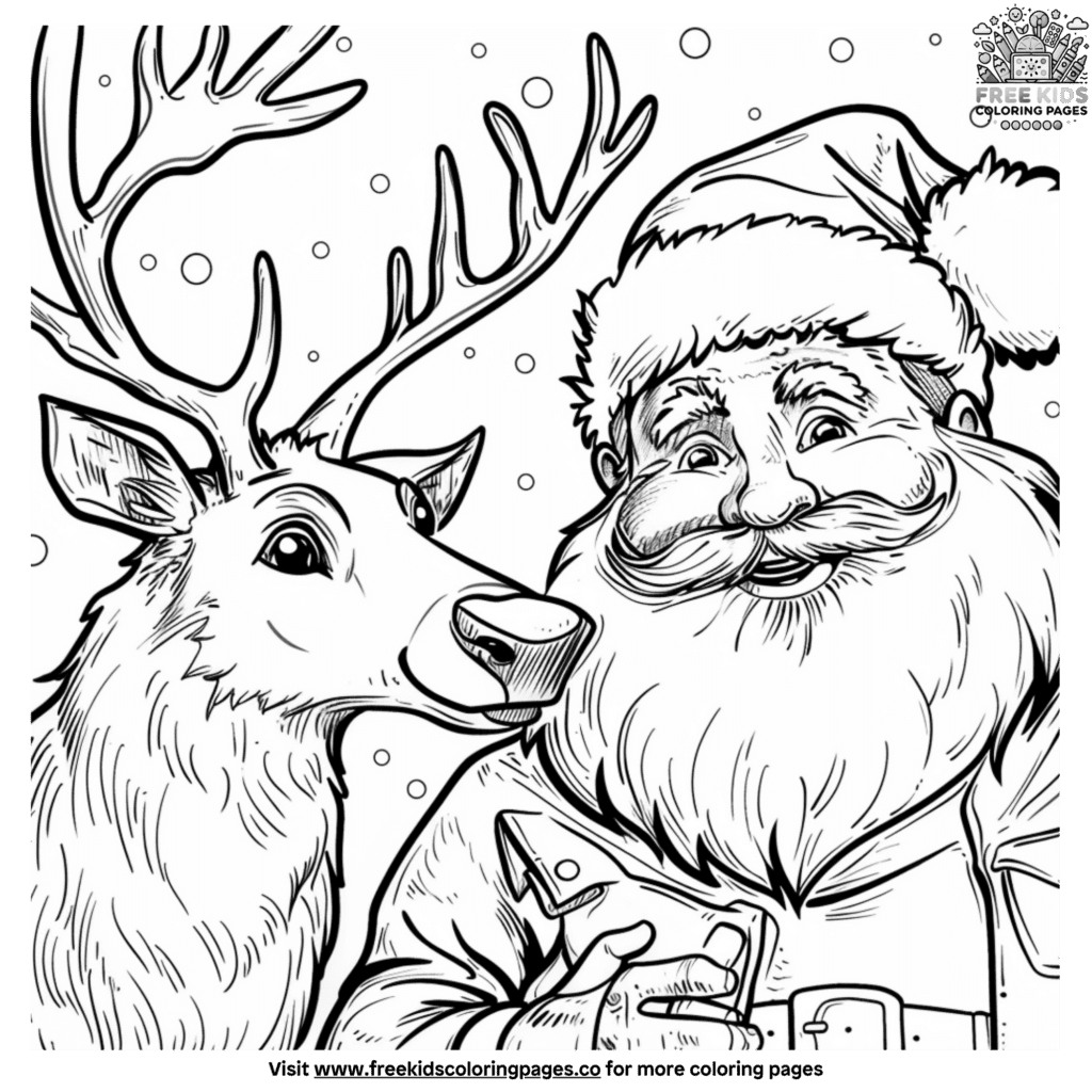 Festive santa and reindeer coloring pages