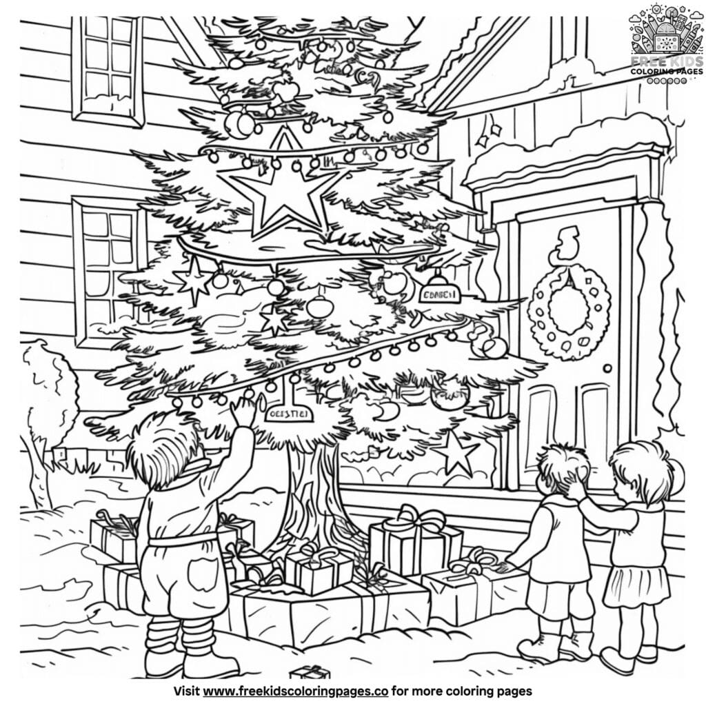 Vibrant christmas tree decorating party coloring page