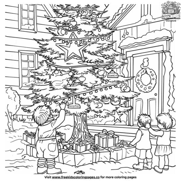 Vibrant christmas tree decorating party coloring page