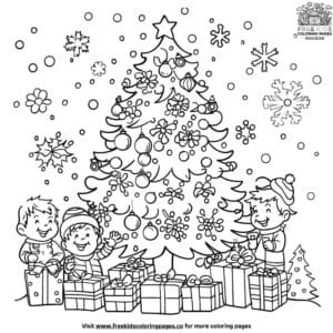 Energetic Christmas Tree Decorating Party Coloring Pages