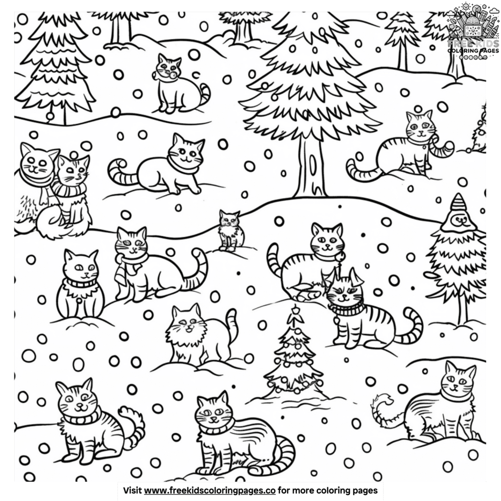 Winter wonderland cats coloring pages