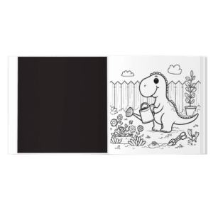 a coloring book with a dinosaur watering a plant