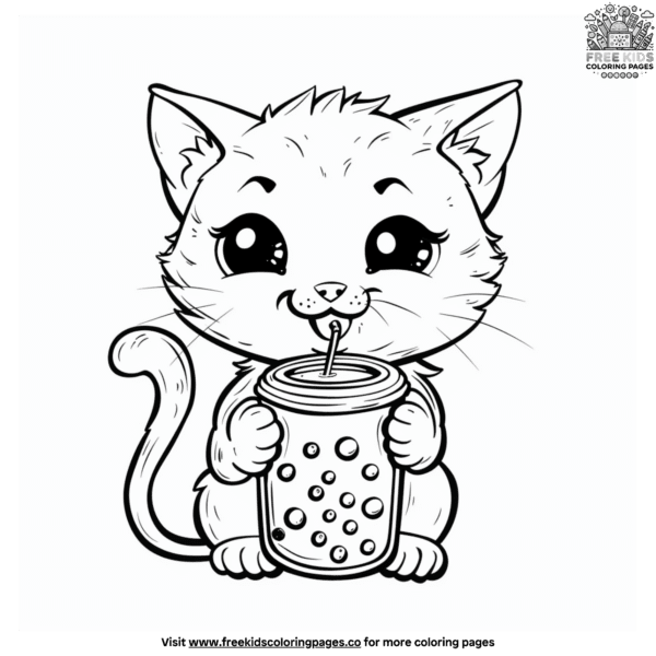 Adorable cat boba tea coloring pages