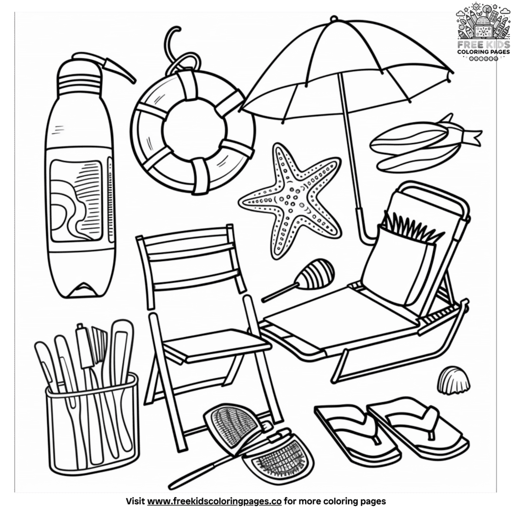 Detailed Beach Items Coloring Pages For Kids