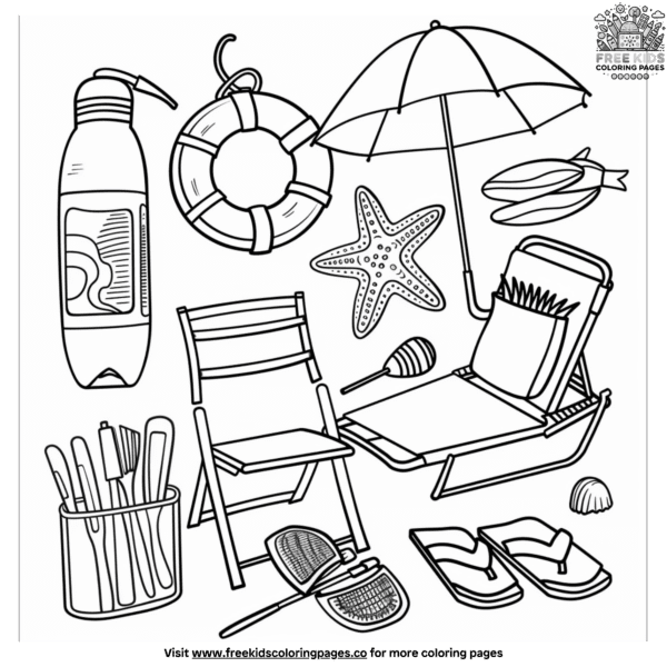 Detailed beach items coloring pages for kids