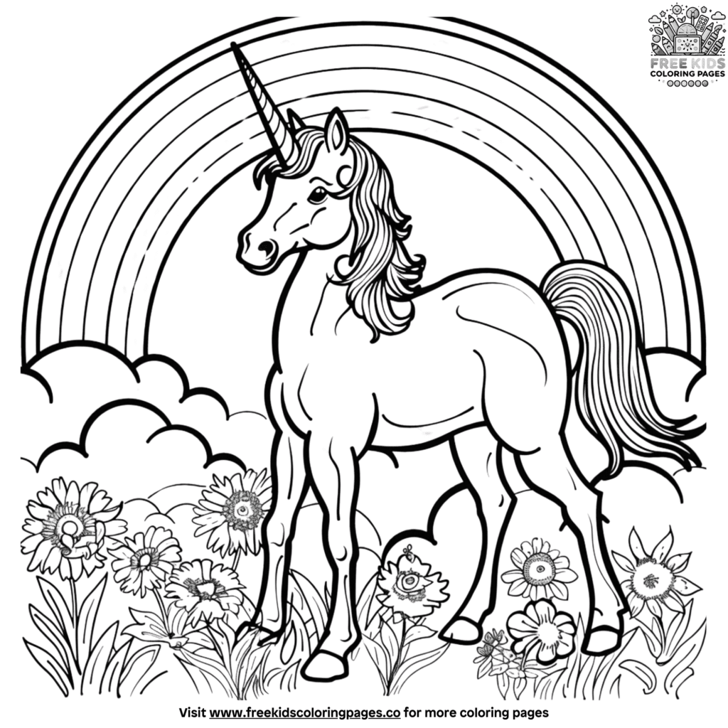 Dreamy unicorn and rainbow coloring pages