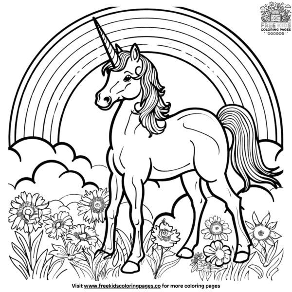 Dreamy unicorn and rainbow coloring pages