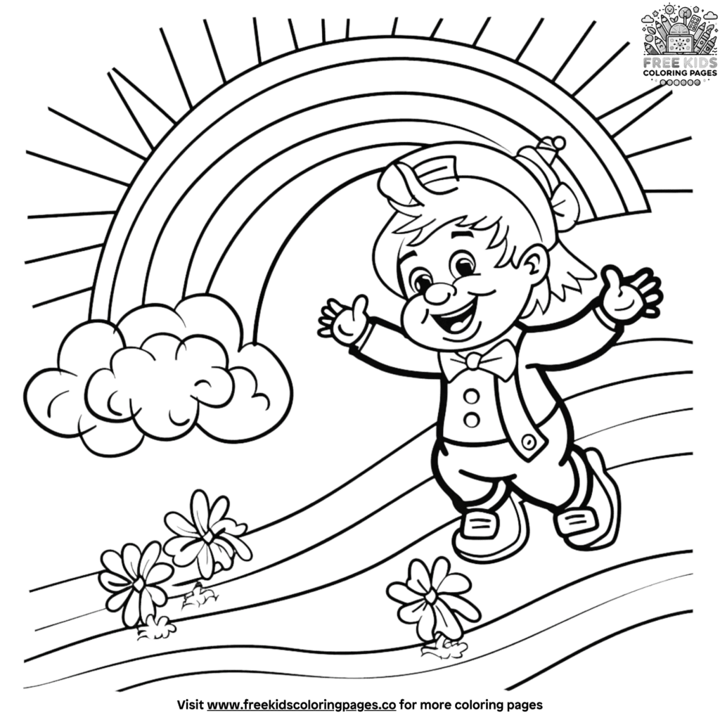 Joyful rainbow and leprechaun coloring pages