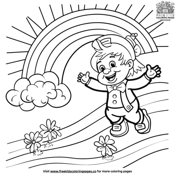 Joyful rainbow and leprechaun coloring pages