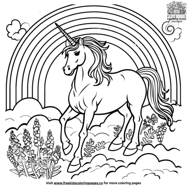 Magical unicorn and rainbow coloring pages