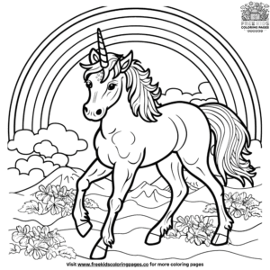 Whimsical unicorn and rainbow coloring pages