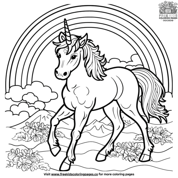 Whimsical unicorn and rainbow coloring pages