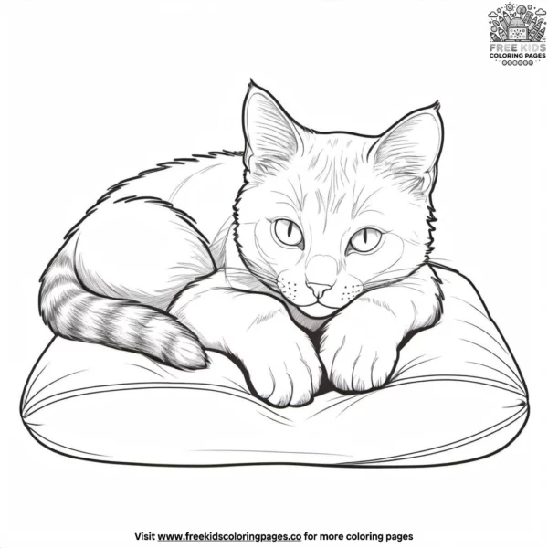 A cat lying on a pillow with its paws stretched out.