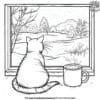 Cat With Cocoa By Window Coloring Pages