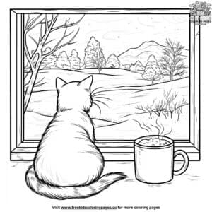 Cat With Cocoa By Window Coloring Pages