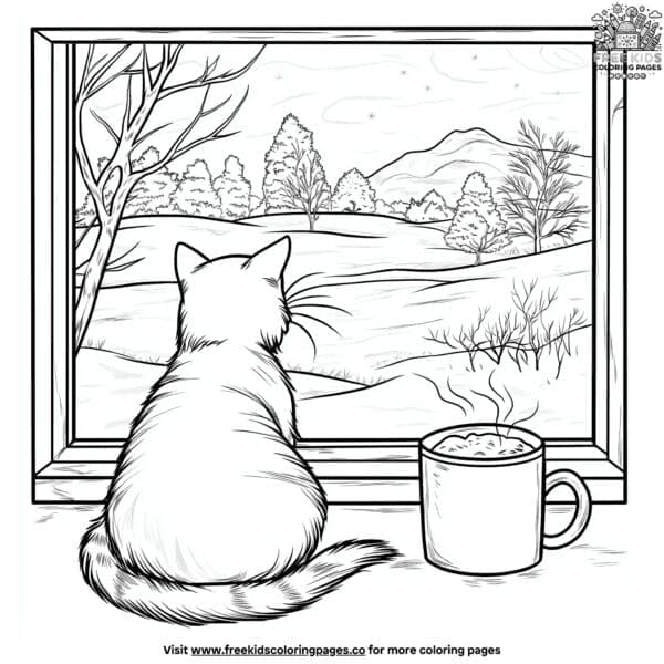 Cat with cocoa by window coloring pages