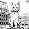 Cat at the Colosseum in Rome, with a travel guide and some historical artifacts.