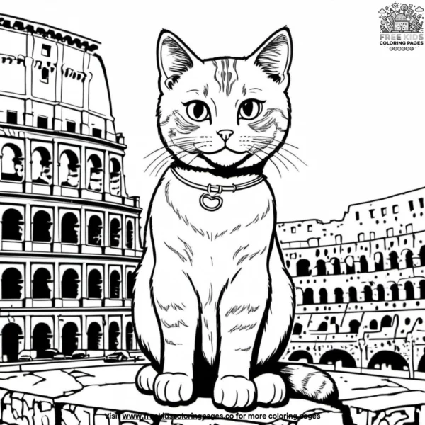 Cat at the colosseum in rome, with a travel guide and some historical artifacts.