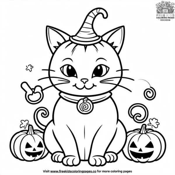 Cat dressed as a pumpkin, with a grinning face and halloween candy around it.