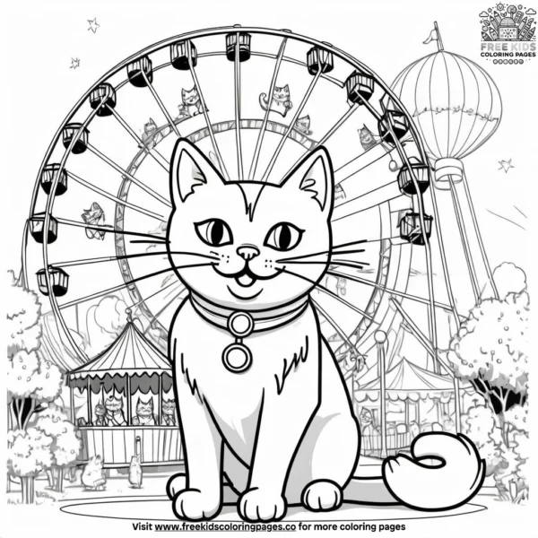 Cat enjoying a festive carnival, with rides and games.