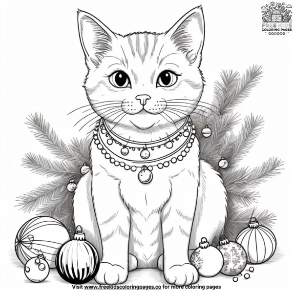 Cat enjoying festive decorations coloring pages