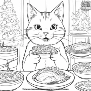 Cat enjoying a holiday feast with delicious food.