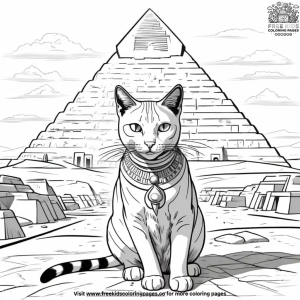 Cat exploring pyramids coloring pages.