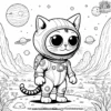 Cat in a cosmic suit, exploring an alien planet with strange plants and friendly extraterrestrials.